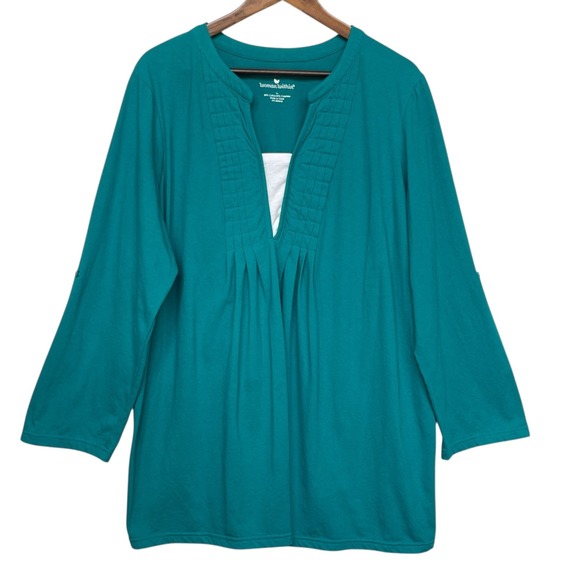 Woman Within Top Size 1X Teal Blue‎ Layered Look Tunic Pintuck Stained Flawed - Picture 1 of 9